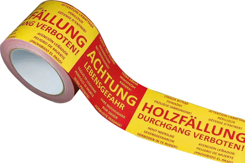 Jetzt Bestellen Absperrband "ACHTUNG HOLZFÄLLUNG" 9-sprachig