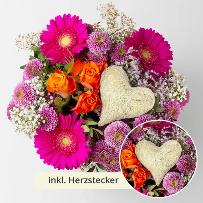 Must-Have Blumenstrauß 'Orange meets Pink' inkl. Herzstecker natur, handgebunden, Größe M
