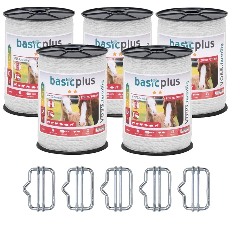 5x VOSS.farming Weidezaunband 200 m, 20 mm, 5x0,16 Niro, weiß (inkl. 5 Verbinder & Warnschild) Markenware