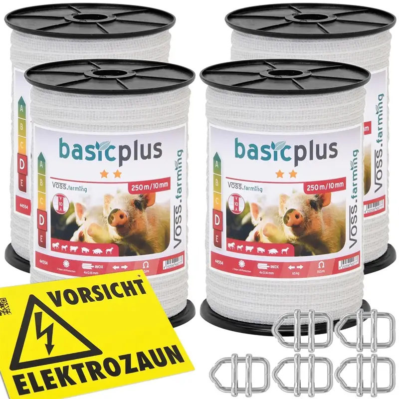 4x VOSS.farming Weidezaunband 250m, 10mm, 4x0,16 Niro, weiß + 5 Verbinder! Preisreduziert