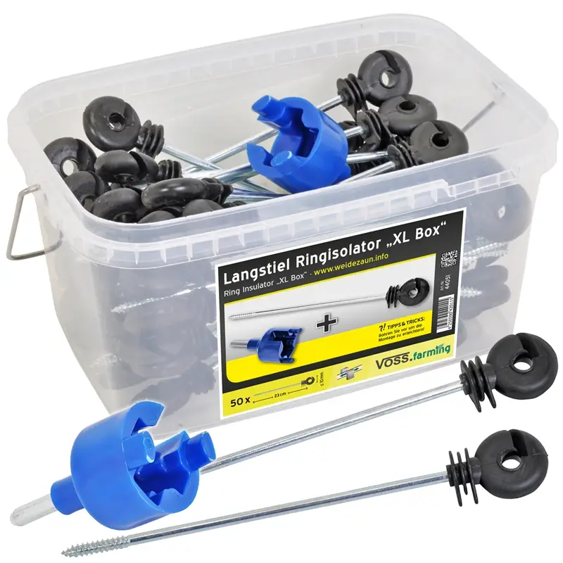 Zertifiziert 50x VOSS.farming "XL Box" Langstiel-Ringisolator, Abstandsisolatoren + Einschrauber + Box