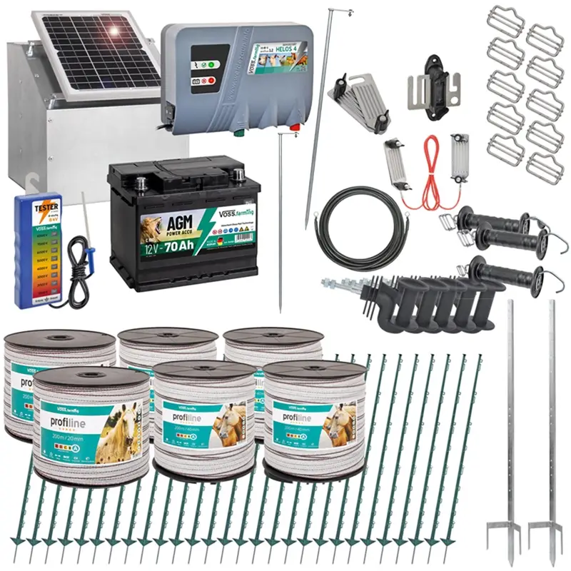Rabatt VOSS.farming Weidezaun-SOLAR-Starterset für Pferde/Ponys, 12 Volt - 400 Meter, drei Reihen, ein Tor