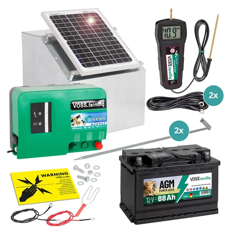Markenware VOSS.farming Komplett-Set: 12W Solarsystem + Box + 12V Weidezaungerät GreenEnergy + 88Ah Akku