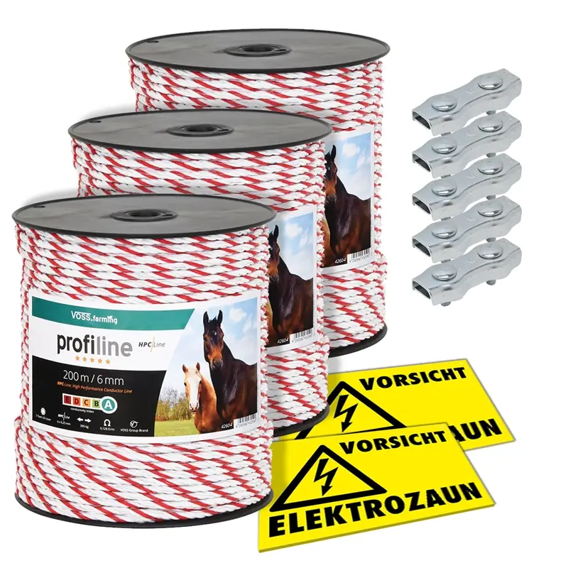 3x VOSS.farming Weideseil 200m, Ø 6mm, 6x0,25 HPC® Powerleiter + 5x Verbinder + 2x Warnschilder Neu Im Sortiment