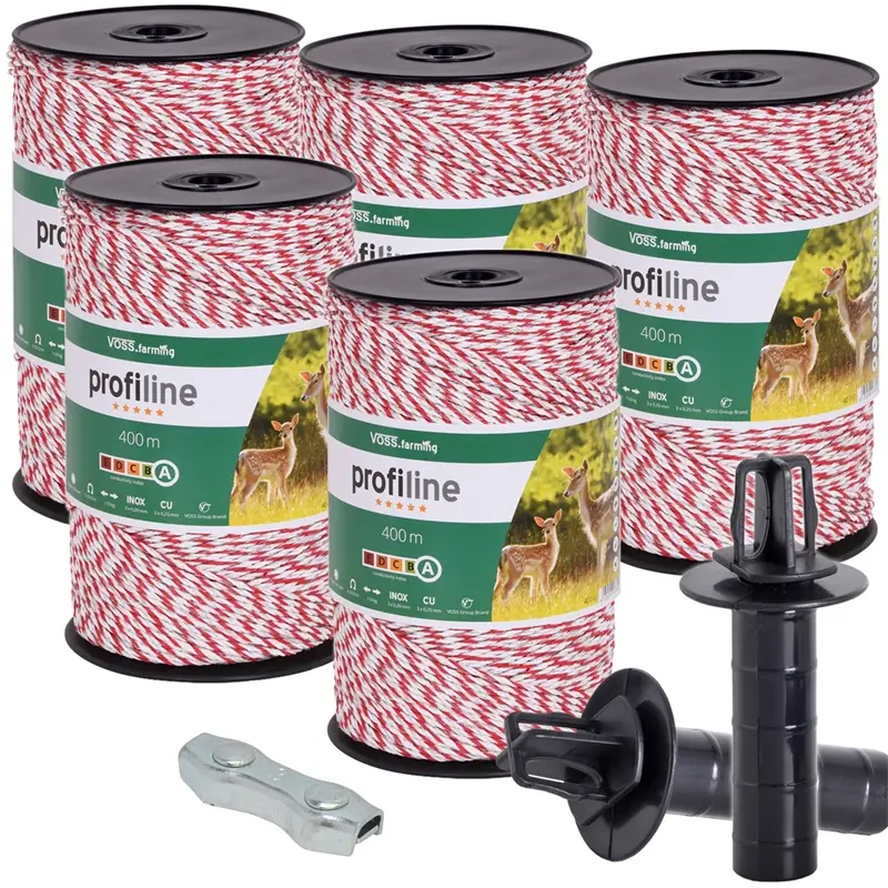 Bestpreis 5x VOSS.farming Weidezaunlitze 400m, 3x 0,25 Kupfer + 3x 0,20 Niro, inkl. 10x Verbinder & Warnschild
