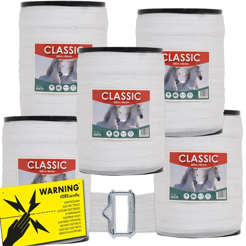 5x Weidezaunband "CLASSIC" 200m, 40mm, 8x0,16 Niro, weiß (inkl. 5 Verbinder & Warnschild) Markenprodukt