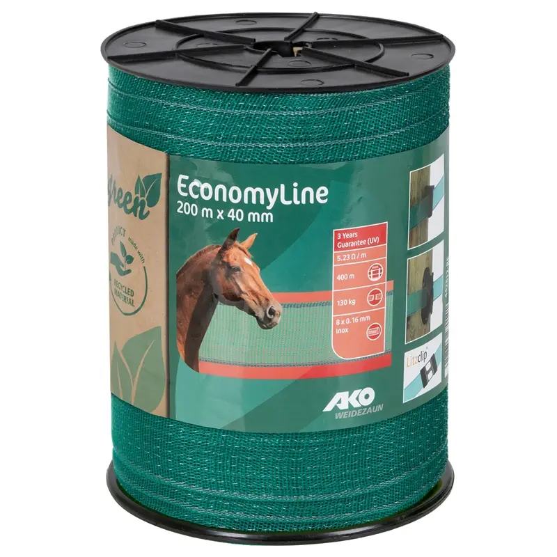 Abverkauf AKO Weidezaunband "EconomyLine" 200m aus Recycling-Kunststoff, 40mm, 8x0,16mm Niro, grün-grau
