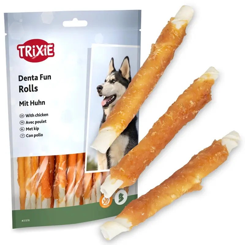 Finale Aktion Trixie Denta Fun Chicken Chewing Rolls, Hundeleckerli mit Huhn, 17cm, 3 Stück, 140g