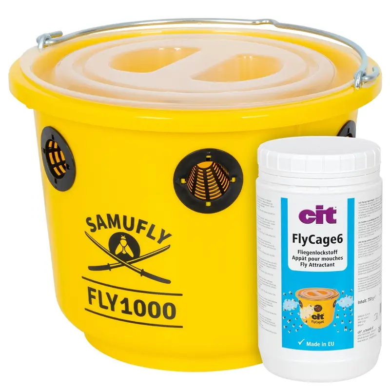 SET: SAMUFLY Fliegenfalle "FLY1000" + Lockstoff, Fliegeneimer, Fliegenschutz für Stall & Weide Aktuell