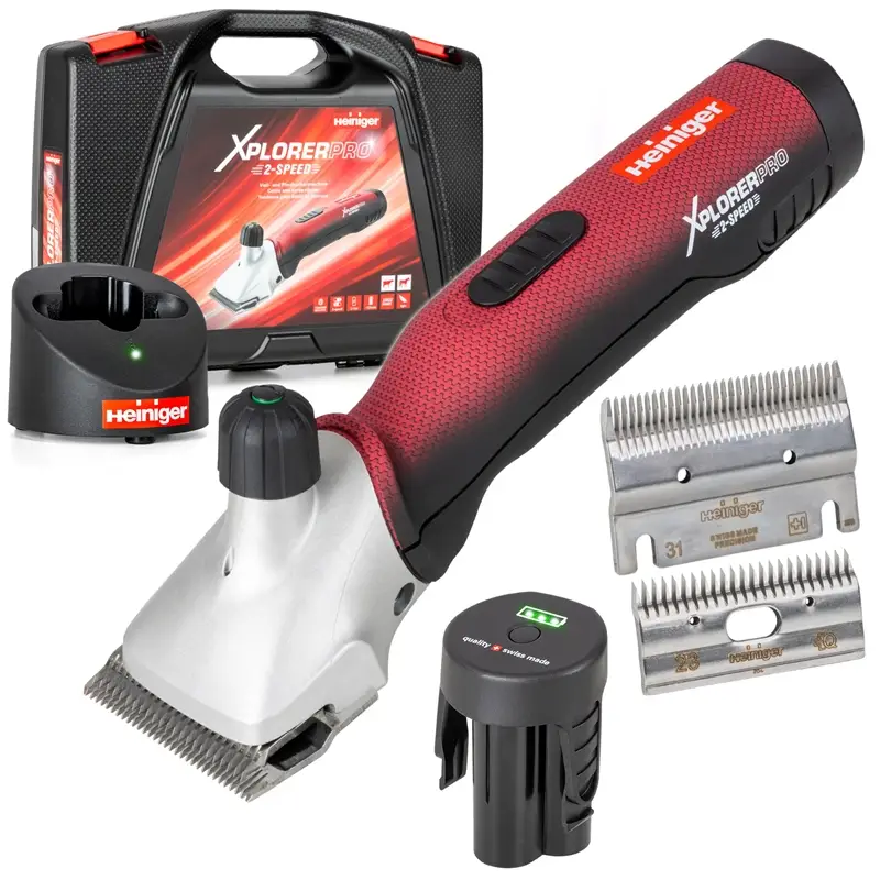 Preisknaller Heiniger XplorerPro 2-Speed, Rinder- Pferdeschermaschine, 1 Akku, inkl. 31/23 Messerset