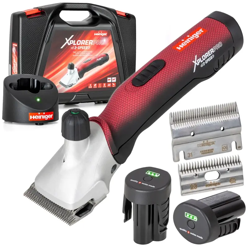 Heiniger XplorerPro 2-Speed, Rinder- Pferdeschermaschine, 2 Akkus, inkl. 31/23 Messerset Heißes Angebot