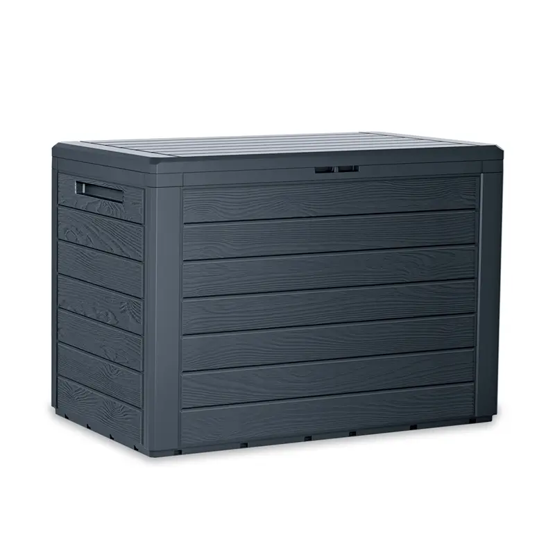 Gartentruhe Woodebox, Kissenbox, Gartenbox, UV-beständig, abschließbar, anthrazit, in Holzoptik,190l Neuheit