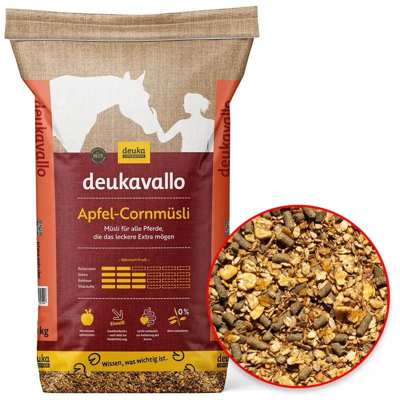 deukavallo Apfel-Cornmüsli 20kg - Krippenfutter mit Apfelstücken, haferfrei, eiweißreduziert Beliebt