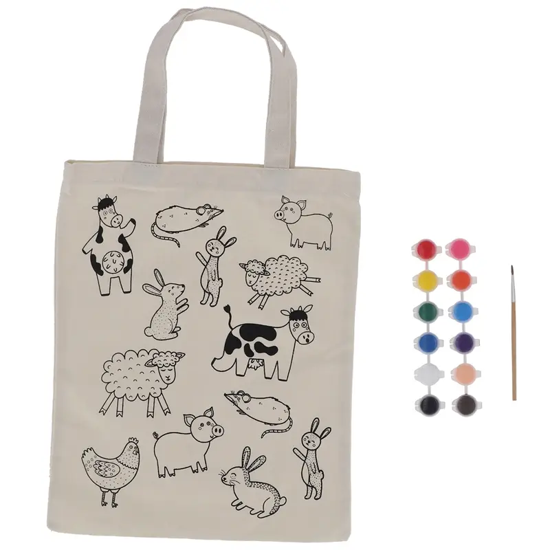 Jutebeutel zum Selbstbemalen, für Kinder, mit Pinsel & Farben, Stofftasche mit Bauernhofmotiv Garantierte Lieferung