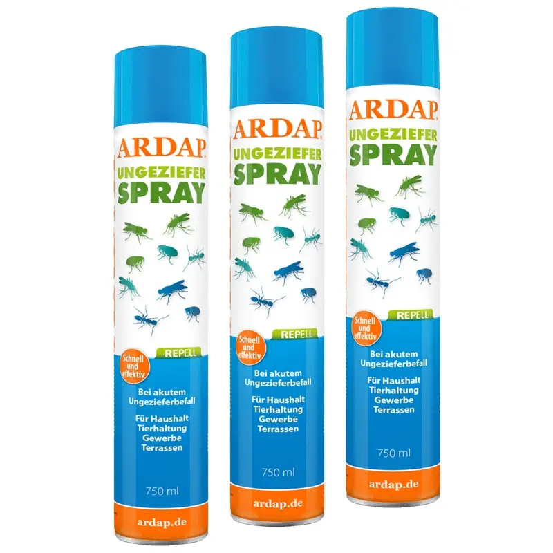 Markenware ARDAP® Repell Ungezieferspray 3x 750ml zur Insektenabwehr - für Haushalt, Gewerbe & Tierhaltung